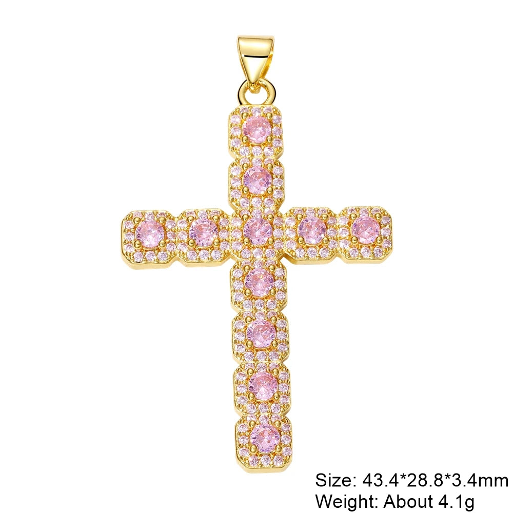 Juya DIY Religious Jewelry Supplies Handmade Colorful Cubic Zirconia 18K Real Gold Plated Saint Christian Cross Charms Wholesale