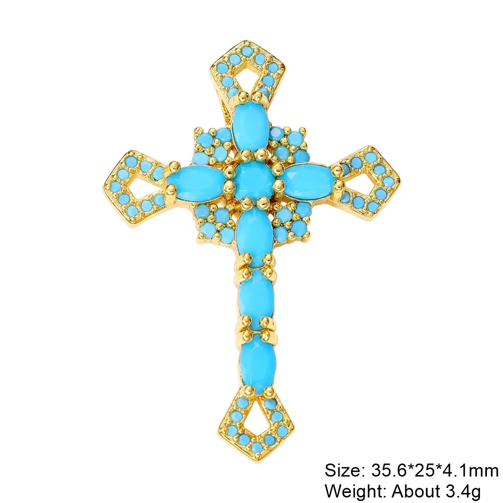 Juya DIY Religious Jewelry Supplies Handmade Colorful Cubic Zirconia 18K Real Gold Plated Saint Christian Cross Charms Wholesale