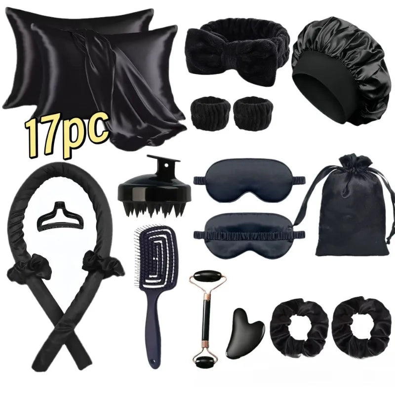 17Pcs Satin Sleep Beauty Set Silk Pillowcase Bonnet Eye Mask Heatless Curling Rod Facial Roller Gua Sha Hair Care Kit