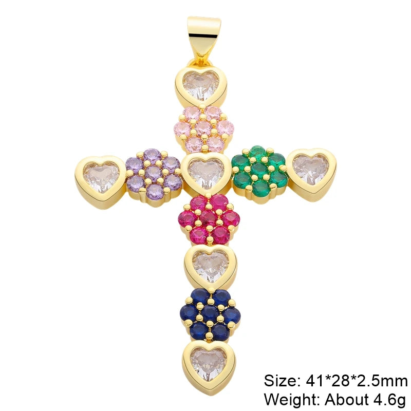 Juya DIY Religious Jewelry Supplies Handmade Colorful Cubic Zirconia 18K Real Gold Plated Saint Christian Cross Charms Wholesale