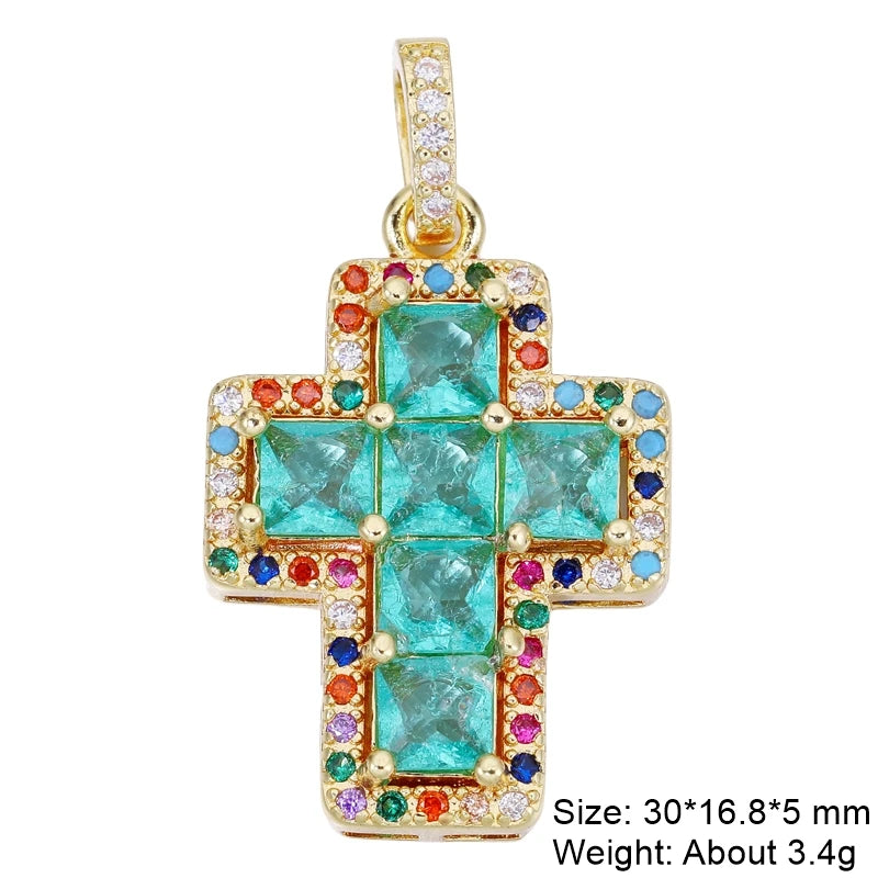 Juya DIY Religious Jewelry Supplies Handmade Colorful Cubic Zirconia 18K Real Gold Plated Saint Christian Cross Charms Wholesale