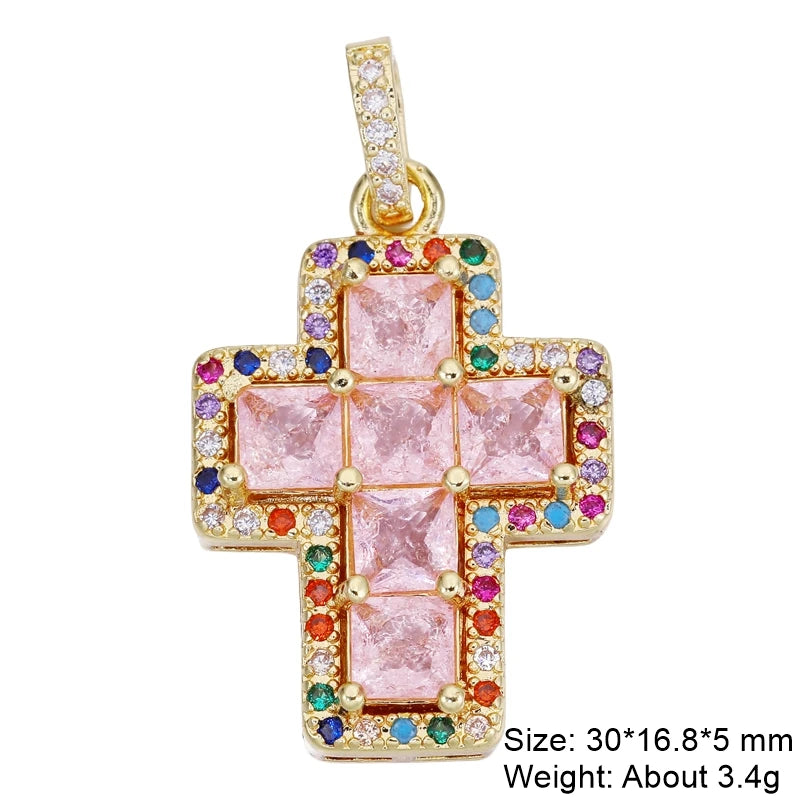 Juya DIY Religious Jewelry Supplies Handmade Colorful Cubic Zirconia 18K Real Gold Plated Saint Christian Cross Charms Wholesale