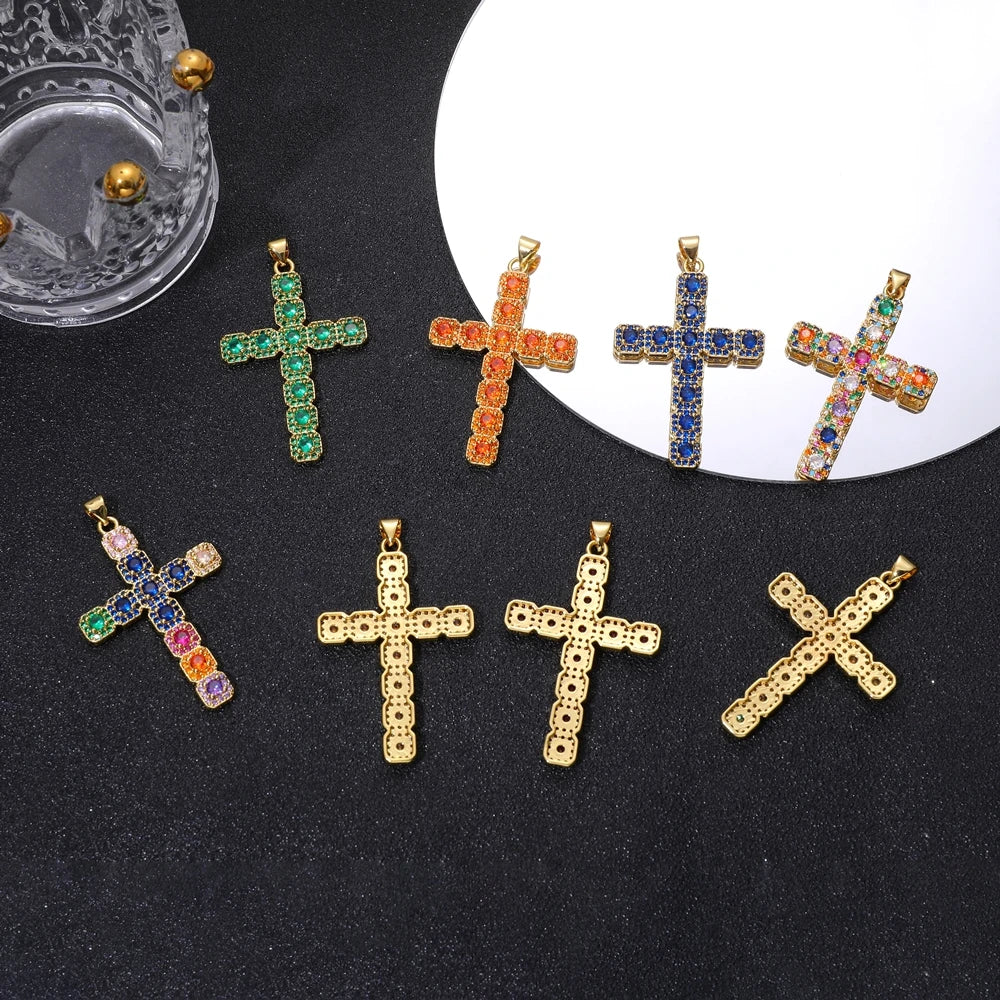 Juya DIY Religious Jewelry Supplies Handmade Colorful Cubic Zirconia 18K Real Gold Plated Saint Christian Cross Charms Wholesale