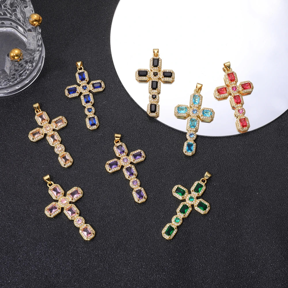 Juya DIY Religious Jewelry Supplies Handmade Colorful Cubic Zirconia 18K Real Gold Plated Saint Christian Cross Charms Wholesale