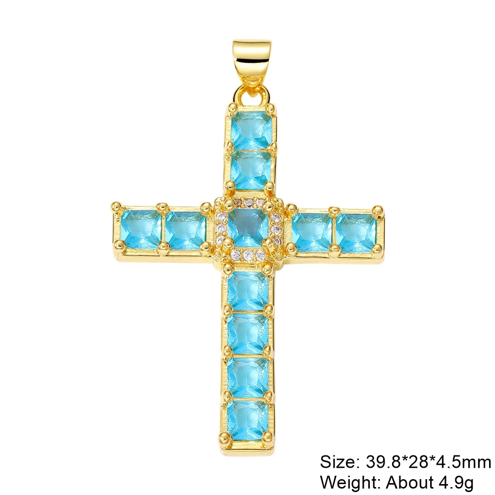 Juya DIY Religious Jewelry Supplies Handmade Colorful Cubic Zirconia 18K Real Gold Plated Saint Christian Cross Charms Wholesale