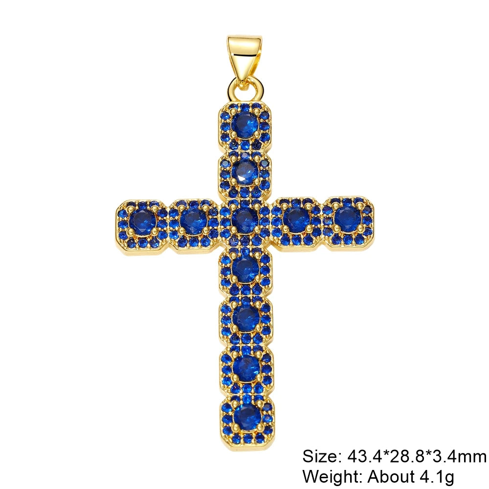 Juya DIY Religious Jewelry Supplies Handmade Colorful Cubic Zirconia 18K Real Gold Plated Saint Christian Cross Charms Wholesale