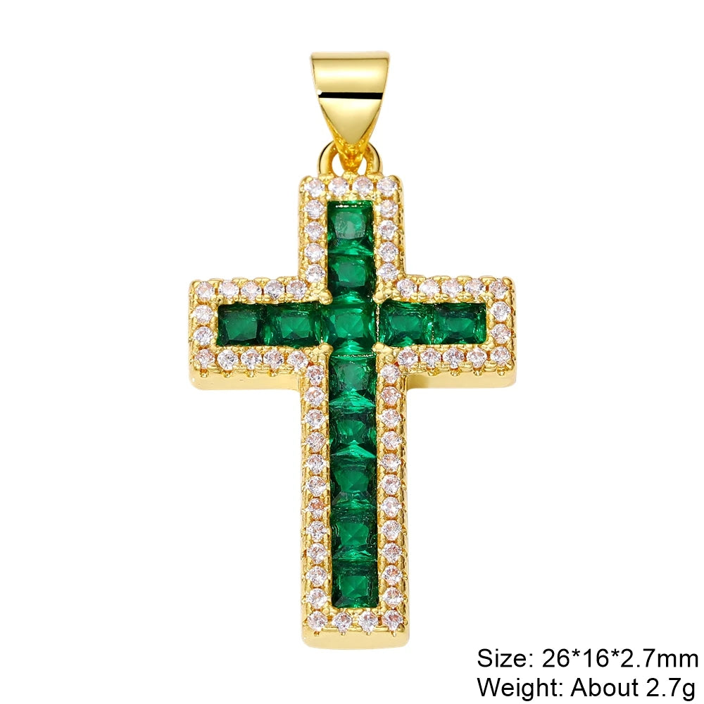 Juya DIY Religious Jewelry Supplies Handmade Colorful Cubic Zirconia 18K Real Gold Plated Saint Christian Cross Charms Wholesale