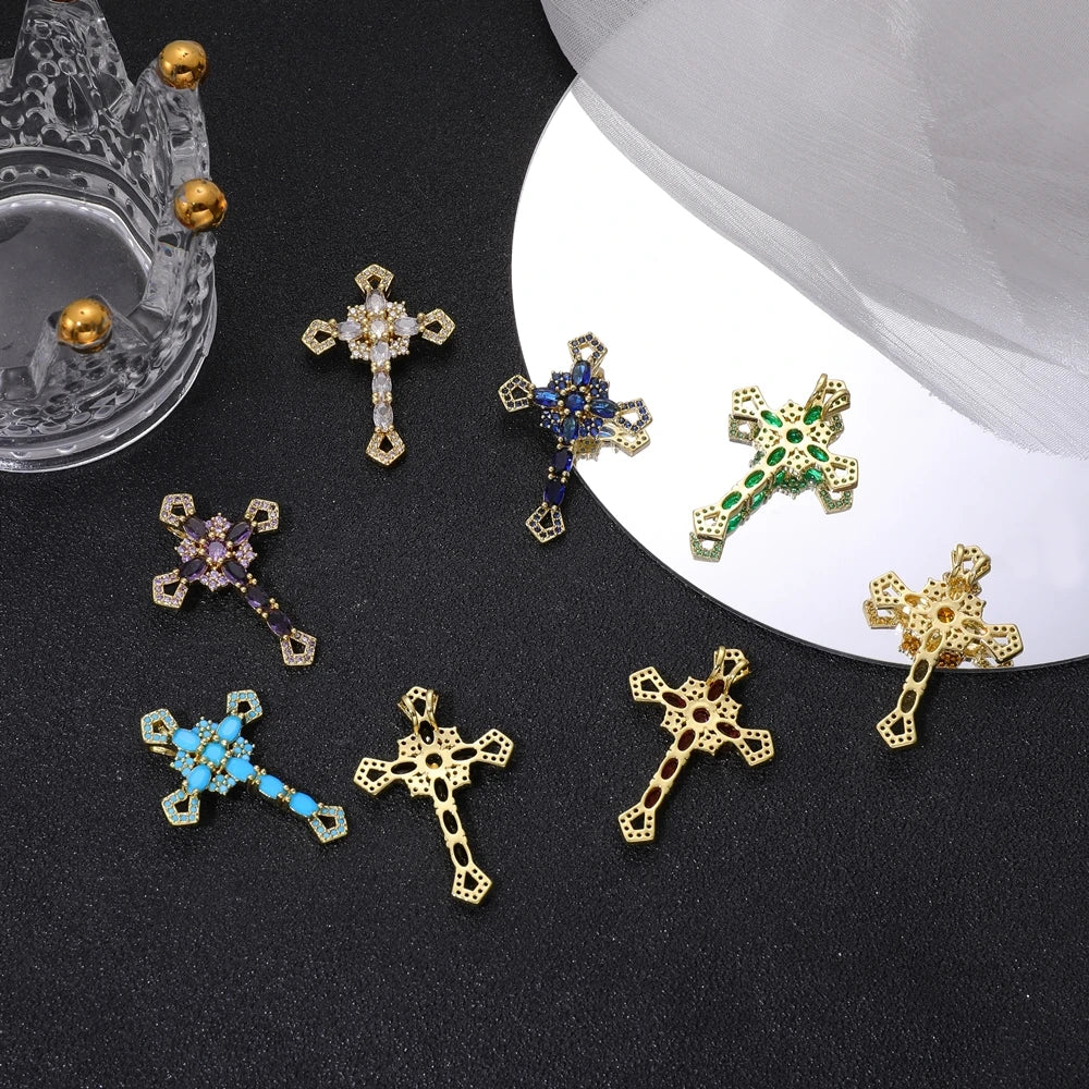Juya DIY Religious Jewelry Supplies Handmade Colorful Cubic Zirconia 18K Real Gold Plated Saint Christian Cross Charms Wholesale