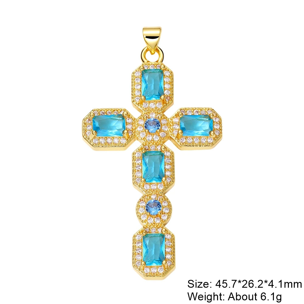 Juya DIY Religious Jewelry Supplies Handmade Colorful Cubic Zirconia 18K Real Gold Plated Saint Christian Cross Charms Wholesale