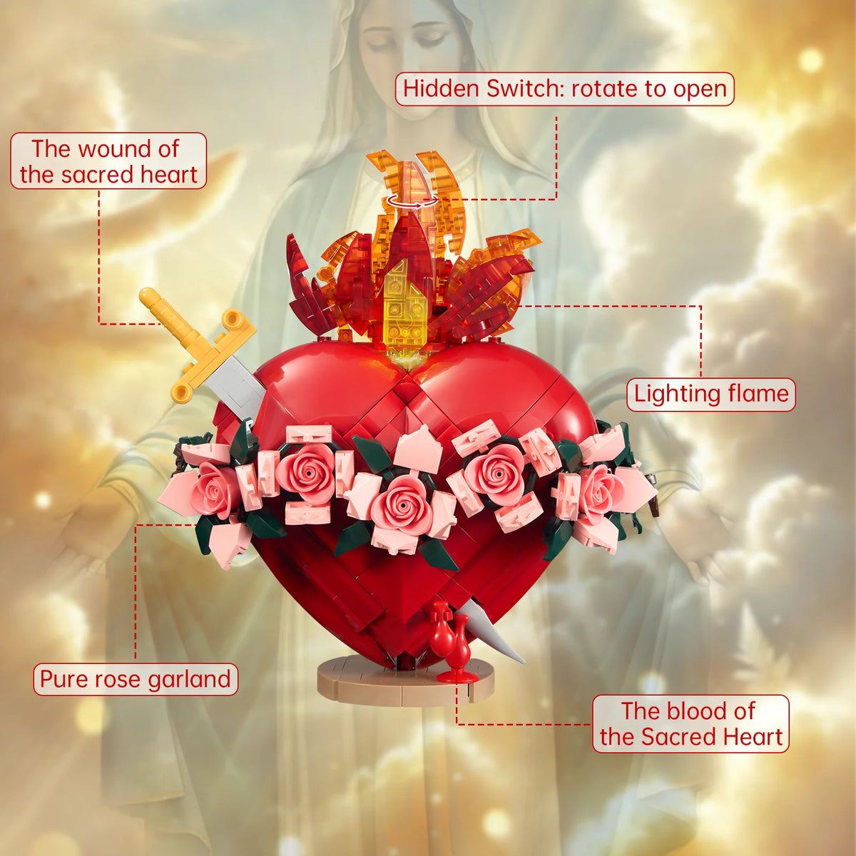 Sacred Heart of Mary Building Blocks Set LED Light Jesus Figure Prayer Room Christian Home Decor Ornament Collectible Adult Gift