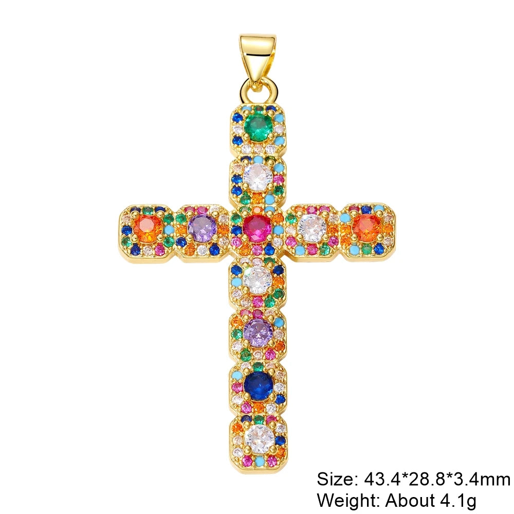 Juya DIY Religious Jewelry Supplies Handmade Colorful Cubic Zirconia 18K Real Gold Plated Saint Christian Cross Charms Wholesale