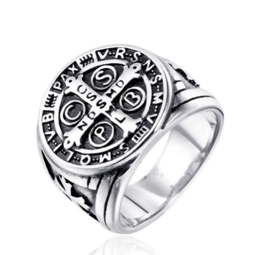 Religious Saint Benedict Cross Ring Antique Silver Plated Metal Catholic Exorcism Church Men Jewelry Gift Wholesale