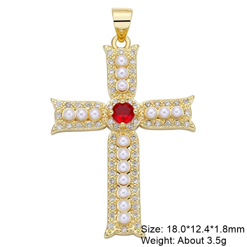 Juya DIY Religious Jewelry Supplies Handmade Colorful Cubic Zirconia 18K Real Gold Plated Saint Christian Cross Charms Wholesale