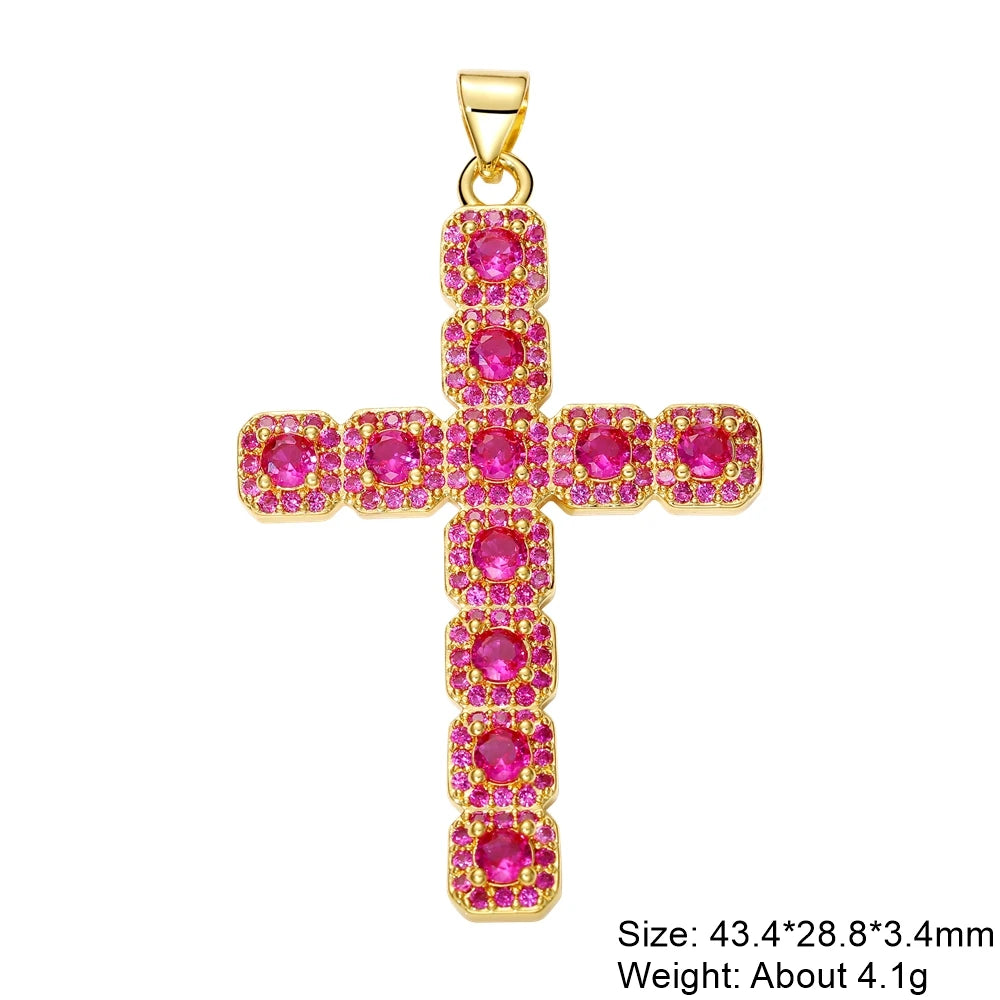 Juya DIY Religious Jewelry Supplies Handmade Colorful Cubic Zirconia 18K Real Gold Plated Saint Christian Cross Charms Wholesale
