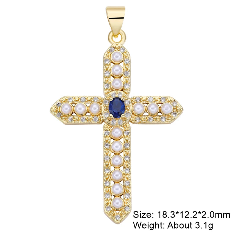 Juya DIY Religious Jewelry Supplies Handmade Colorful Cubic Zirconia 18K Real Gold Plated Saint Christian Cross Charms Wholesale
