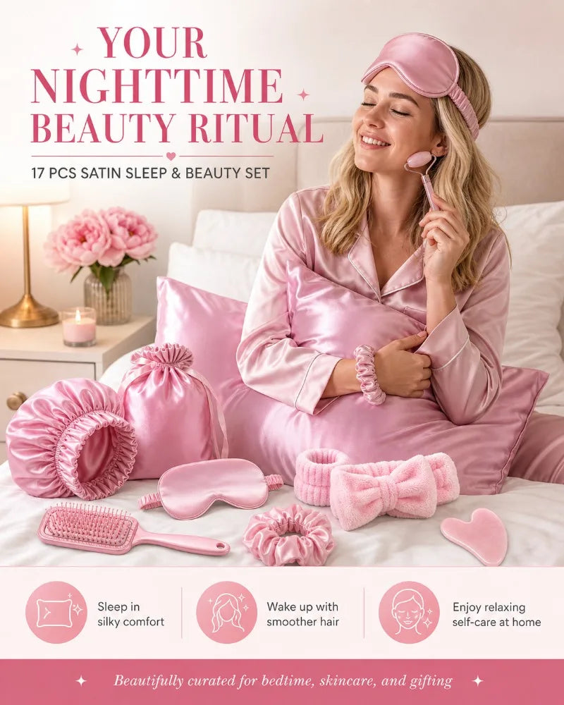17Pcs Satin Sleep Beauty Set Silk Pillowcase Bonnet Eye Mask Heatless Curling Rod Facial Roller Gua Sha Hair Care Kit