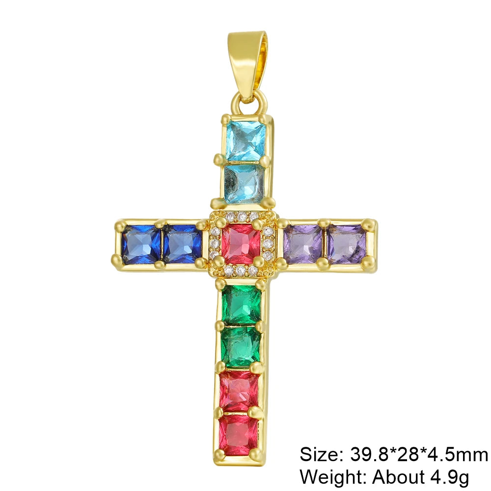 Juya DIY Religious Jewelry Supplies Handmade Colorful Cubic Zirconia 18K Real Gold Plated Saint Christian Cross Charms Wholesale