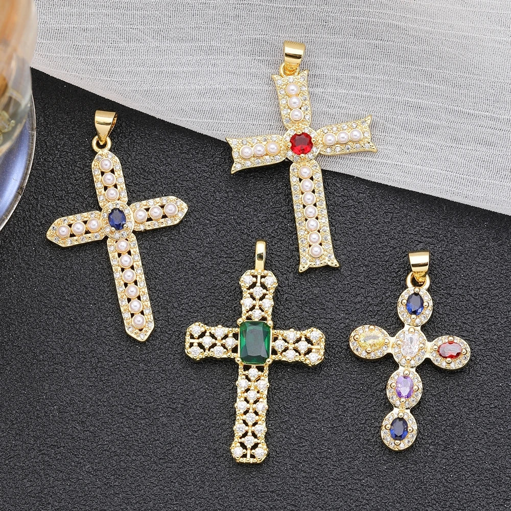 Juya DIY Religious Jewelry Supplies Handmade Colorful Cubic Zirconia 18K Real Gold Plated Saint Christian Cross Charms Wholesale